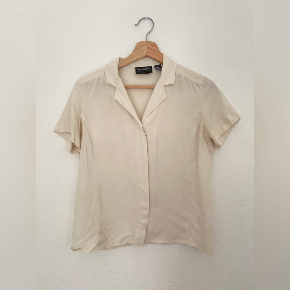 Liz Claiborne 100% silk cream button up petite shirt